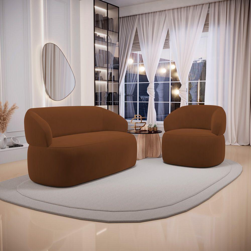 Kit 02 Poltronas Giratória E 01 Sofá Orgânico Glee 03 Lugares 170cm Veludo Terracota - Desk Design - 9