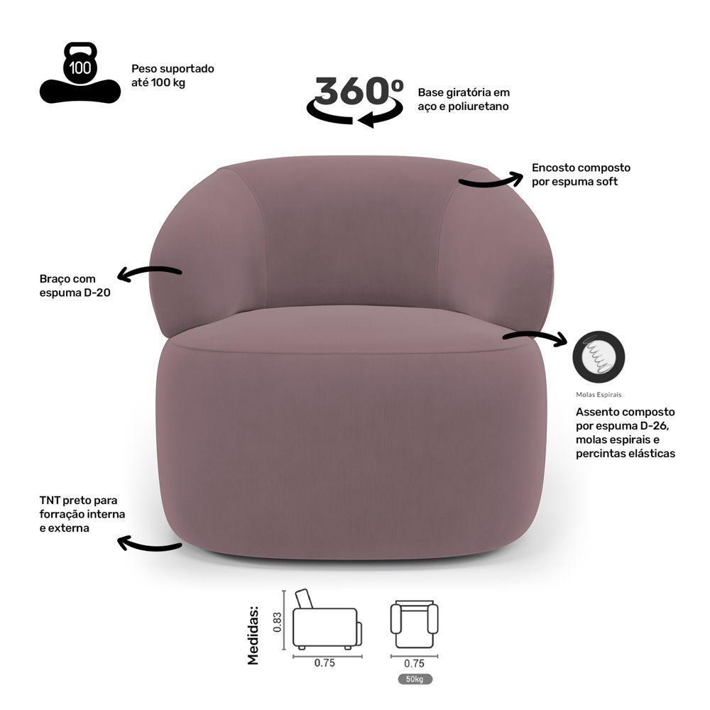 Kit 02 Poltronas Giratória E 01 Sofá Orgânico Glee 03 Lugares 170cm Veludo Rosê - Desk Design - 4