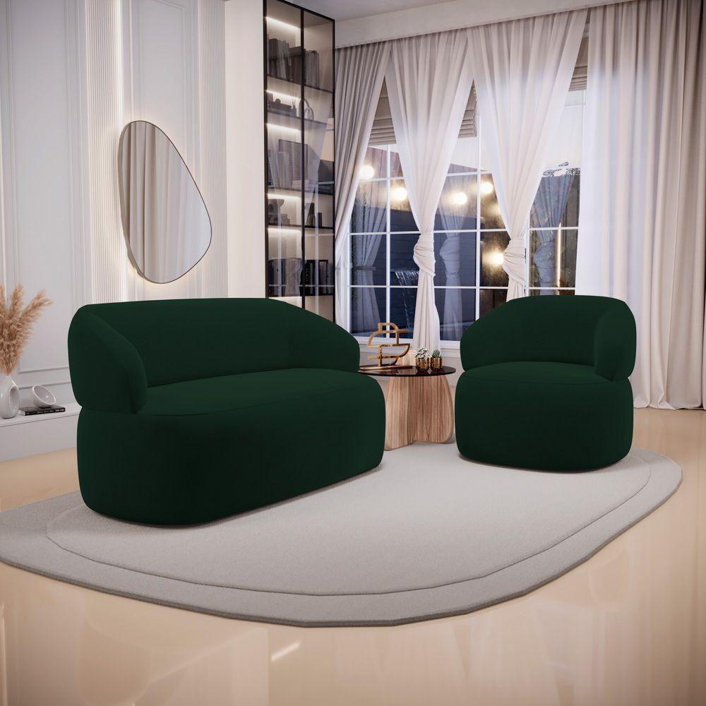 Kit 02 Poltronas Giratória E 01 Sofá Orgânico Glee 02 Lugares 140cm Veludo Verde Escuro Desk Design - 10