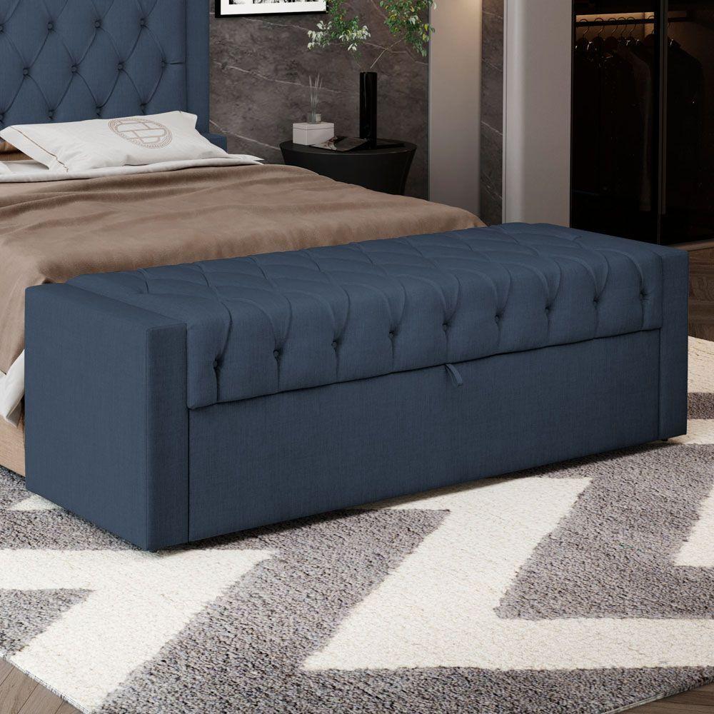 Calçadeira Báu King Size Atena 195cm Capitonê Linho Azul - Desk Design - 5