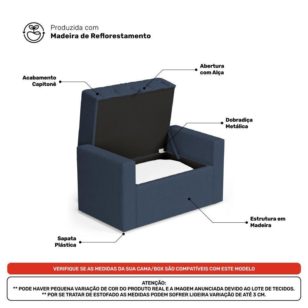 Calçadeira Báu Solteiro Atena 90cm Capitonê Linho Azul - Desk Design - 5