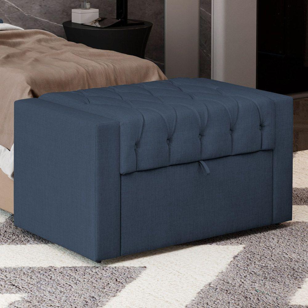 Calçadeira Báu Solteiro Atena 90cm Capitonê Linho Azul - Desk Design - 6