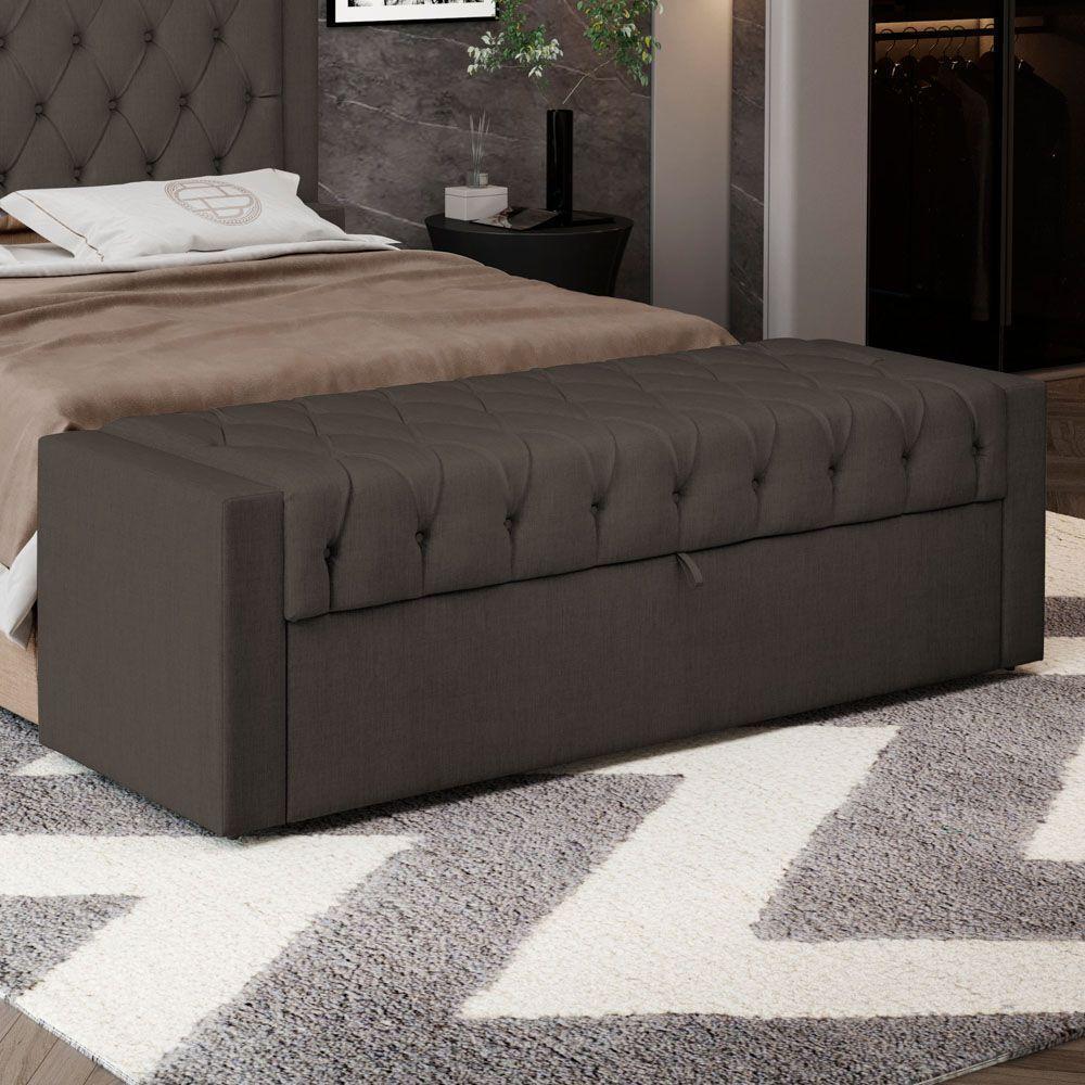 Calçadeira Báu King Size Atena 195cm Capitonê Linho Cacau - Desk Design - 7