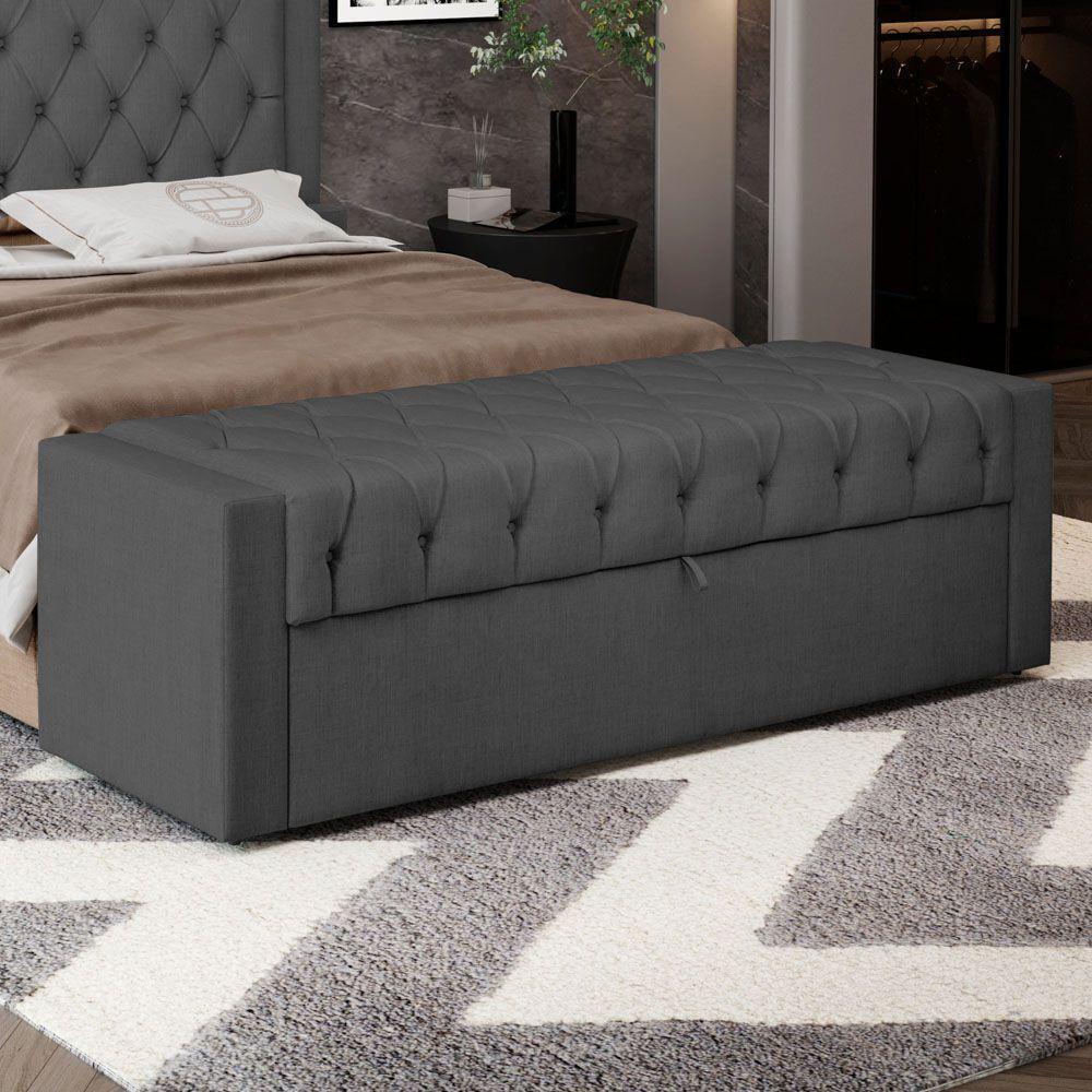 Calçadeira Báu King Size Atena 195cm Capitonê Linho Cinza Escuro - Desk Design - 6