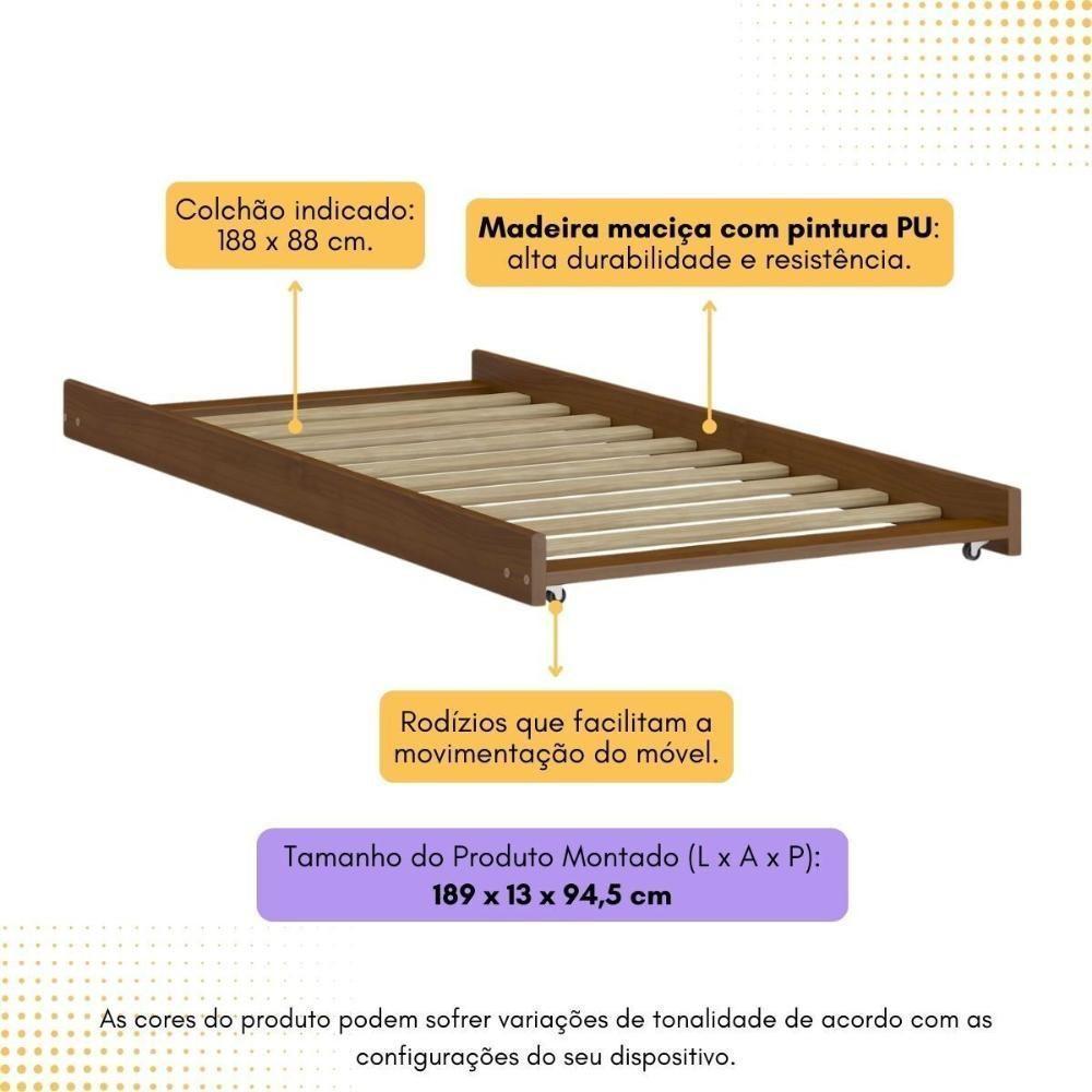 Cama Auxiliar De Solteiro Madeira Maciça Para Colchão 88 X 188 Cm Com Rodízios Cr35208 Castanho - 3