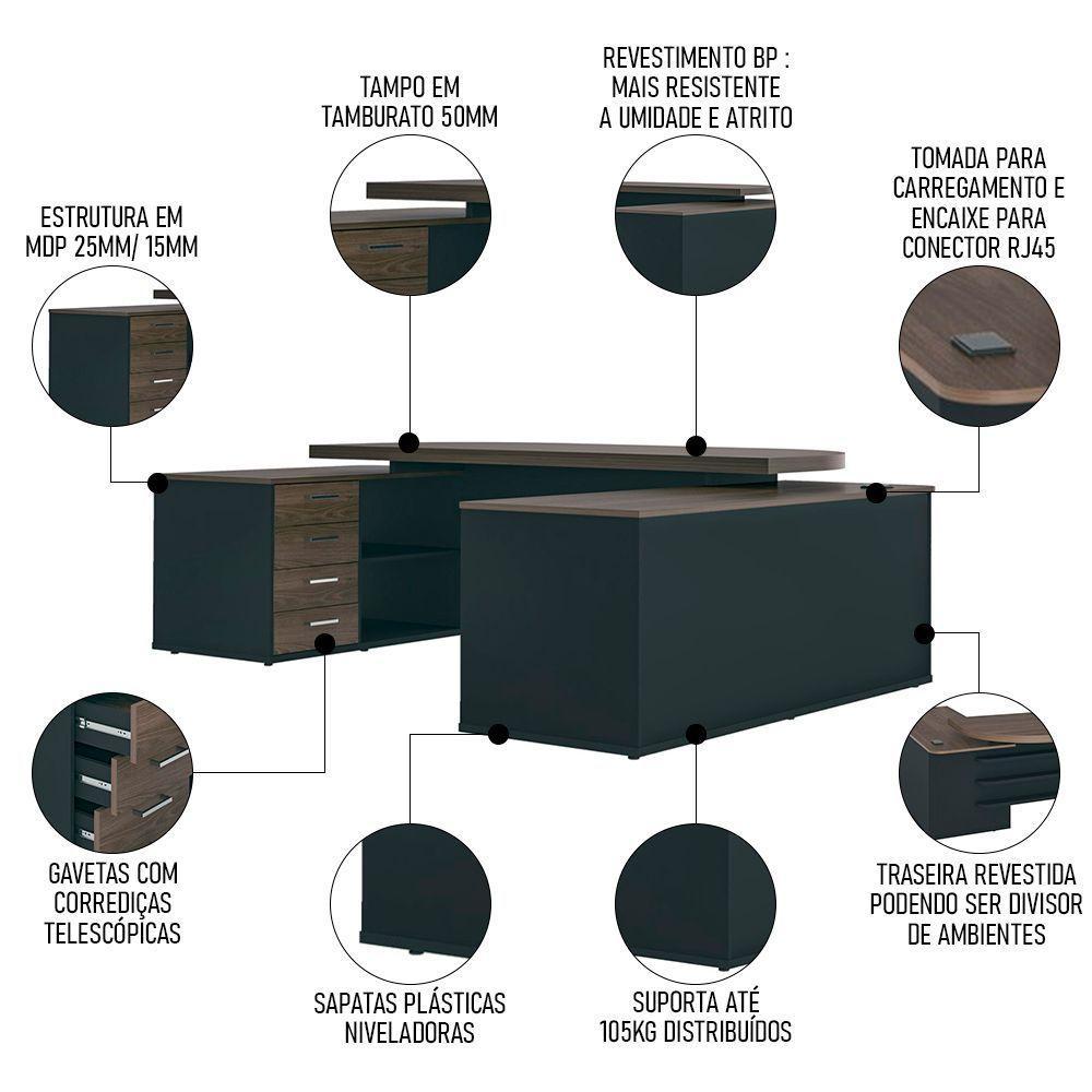 Conjunto Escritório Home Office 3 Peças Mesa Em U Corp A06 Charuto-preto - 10