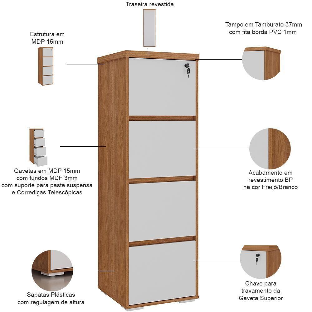 Armário Para Escritório Arquivo 04 Gavetas Com Chave Unik A02 Freijó Branco - 6