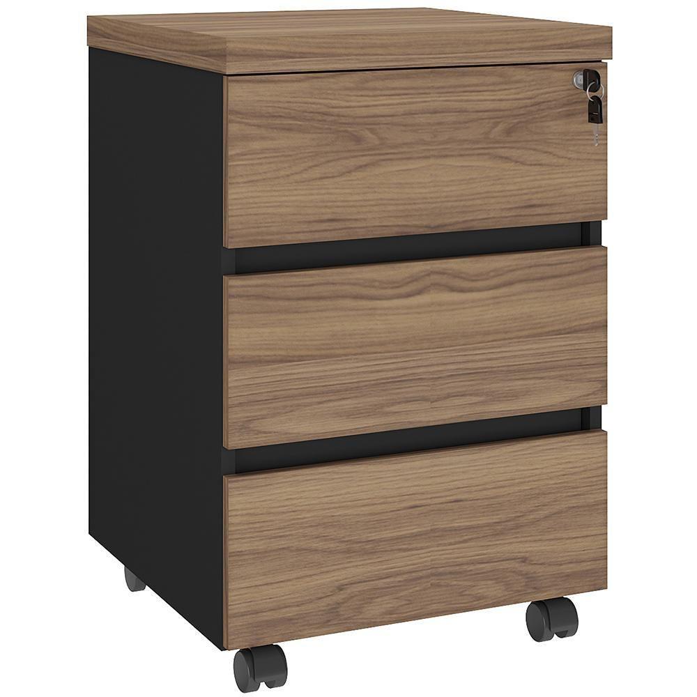 Gaveteiro Para Escritório Com Rodízios 03 Gavetas Unik A02 Nogal Preto - Lyam Decor - 1