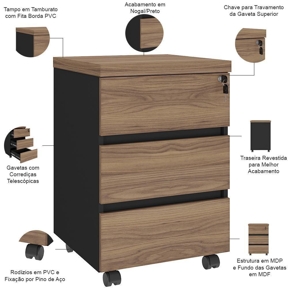 Gaveteiro Para Escritório Com Rodízios 03 Gavetas Unik A02 Nogal Preto - Lyam Decor - 6