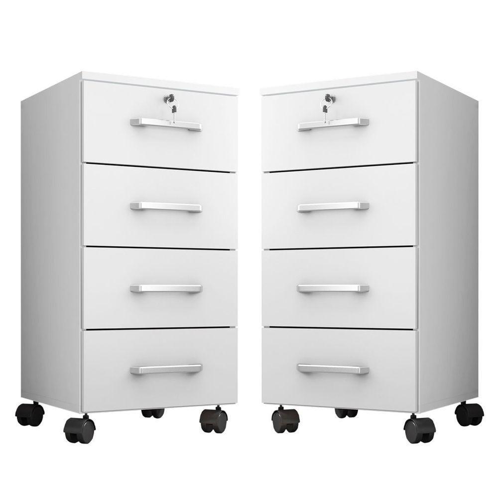 Kit 2 Gaveteiros Para Escritório Com Chave E Rodízios 4 Gavetas Gávea Branco - 1