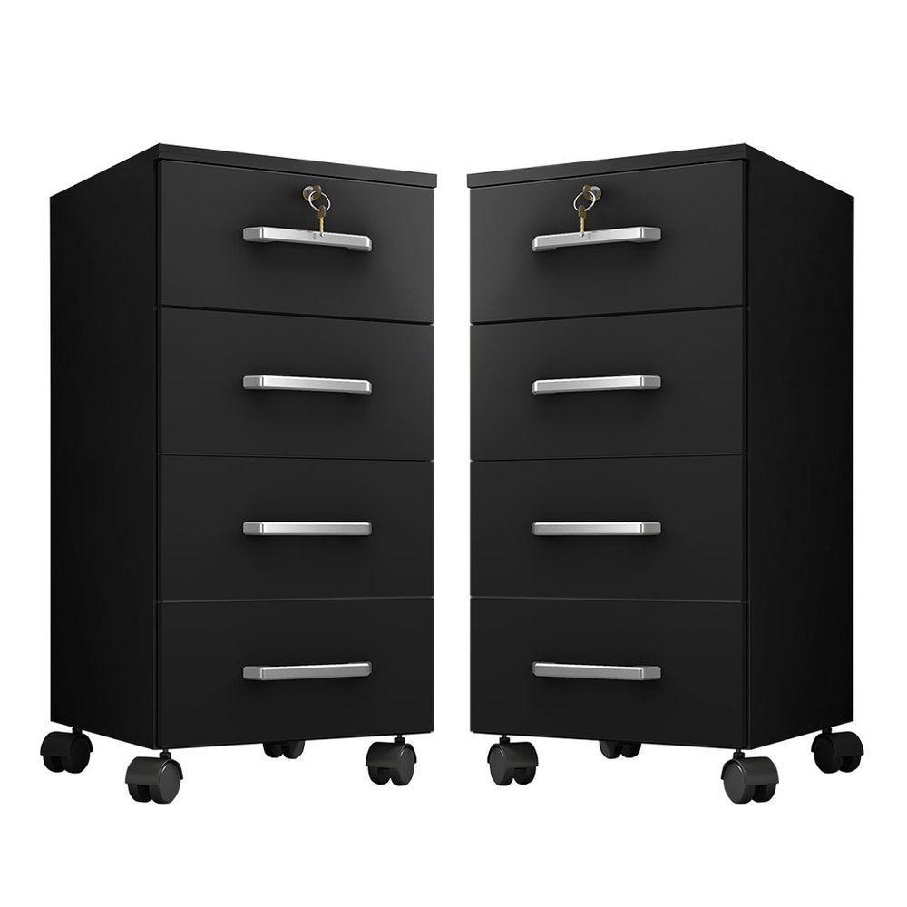 Kit 2 Gaveteiros Para Escritório Com Chave E Rodízios 4 Gavetas Gávea Preto - 1