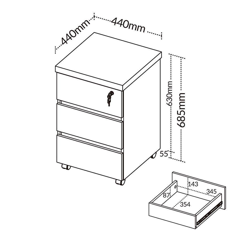 Gaveteiro Para Escritório Com Rodízios 03 Gavetas Unik A02 Freijó Branco - Lyam Decor - 4