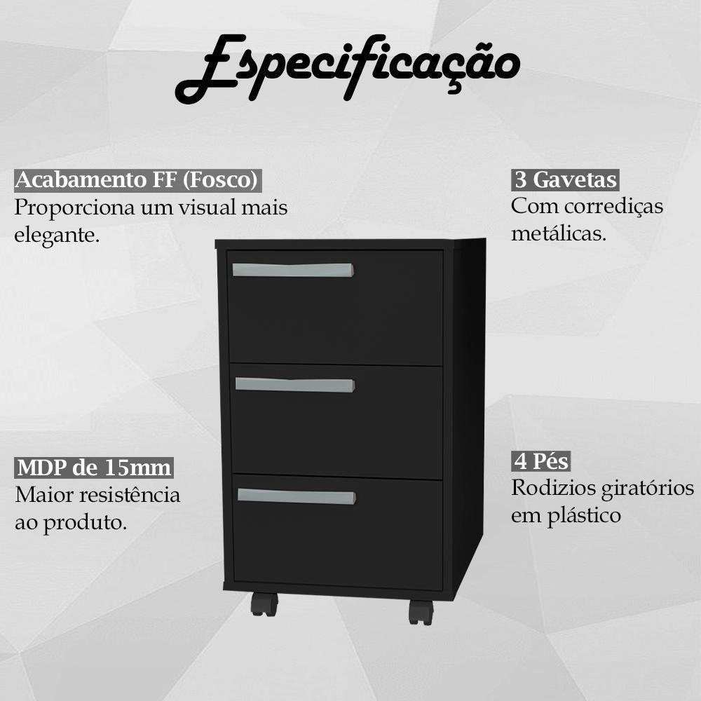 Gaveteiro Para Escritorio Gamer 3 Gavetas E 4 Rodizios Preto B26 Novam Preto - 8