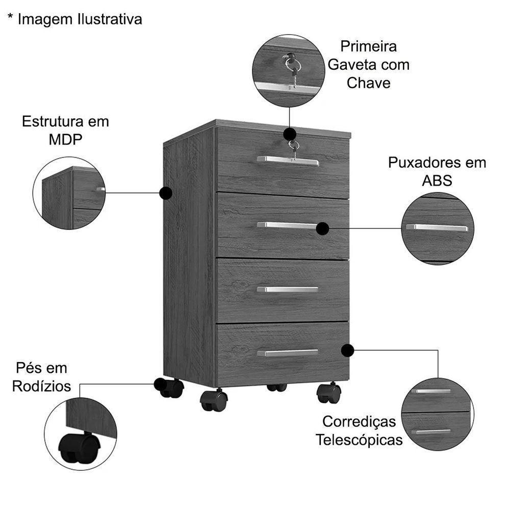 Kit 2 Gaveteiros Para Escritório Com Chave E Rodízios 4 Gavetas Gávea Freijó - 7
