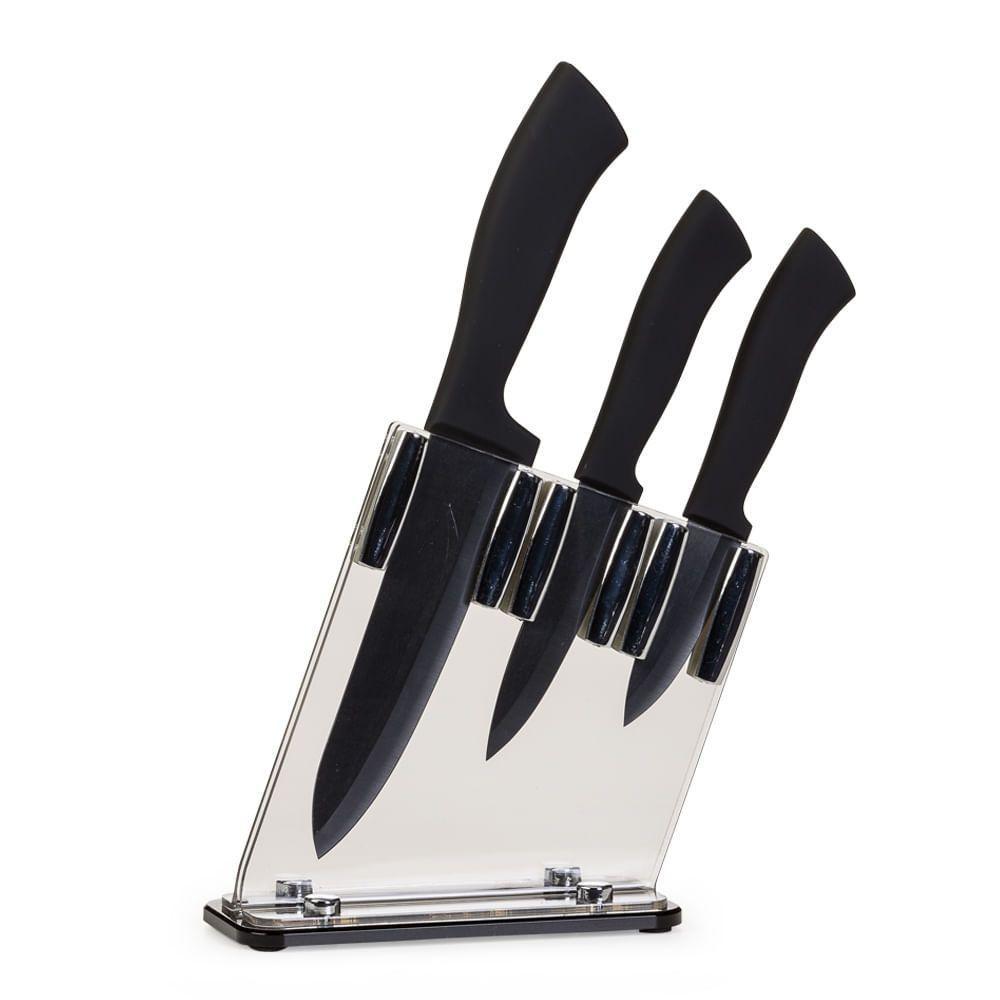 Conjunto De 3 Facas Em Cerâmica E Bloco Em Acrílico Kenya Preto - 1