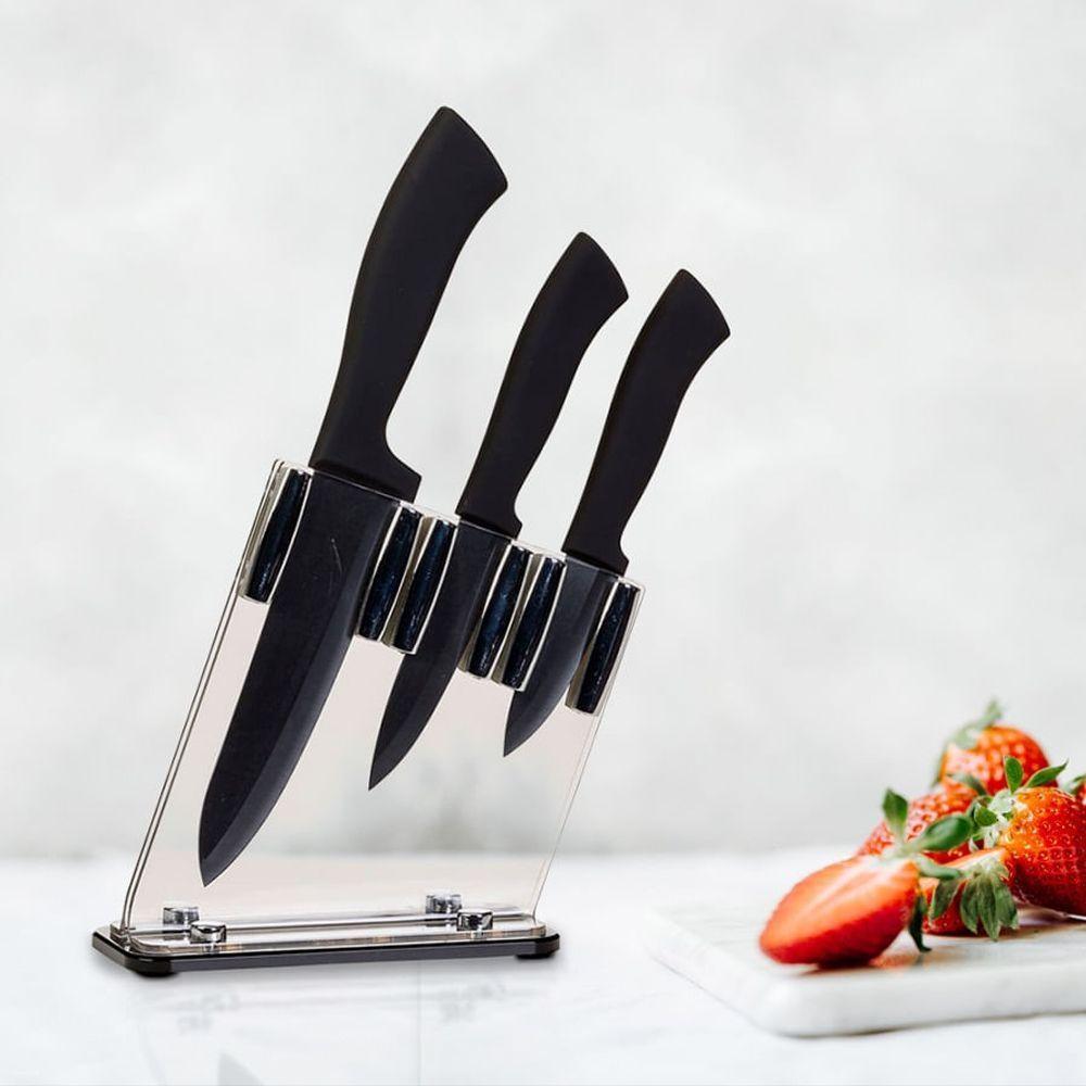Conjunto De 3 Facas Em Cerâmica E Bloco Em Acrílico Kenya Preto - 2