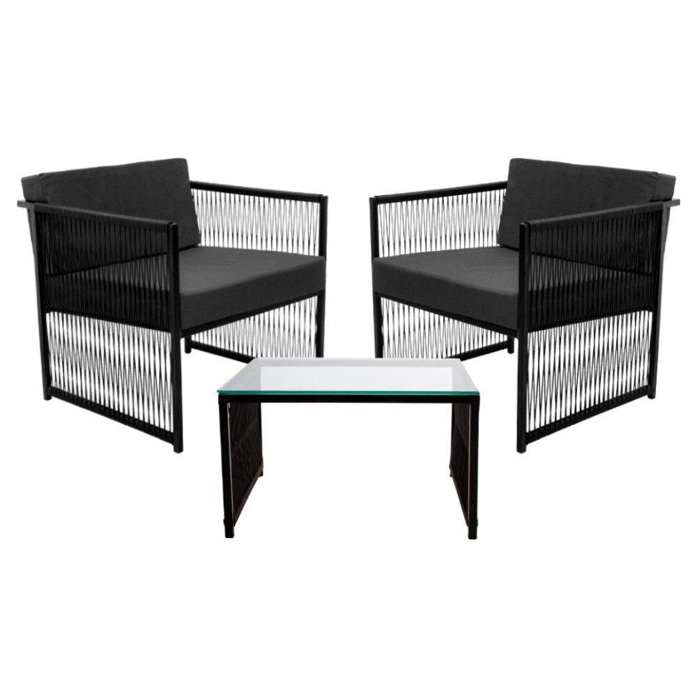 Conjunto De 2 Poltronas Em Fibra Sintética E Mesa De Centro Preto-cinza - 1