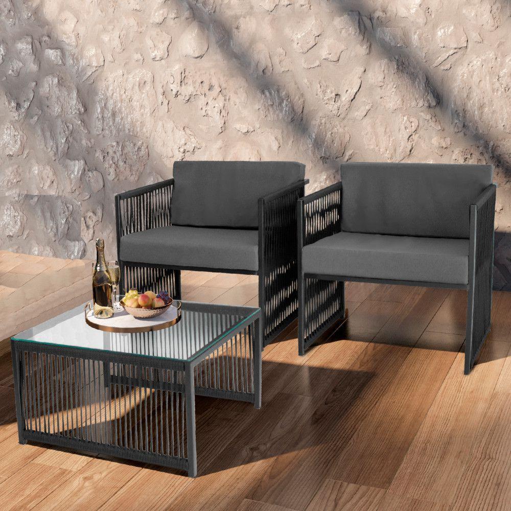 Conjunto De 2 Poltronas E Mesa De Centro Quadrada Com Tampo Preto-cinza - 1