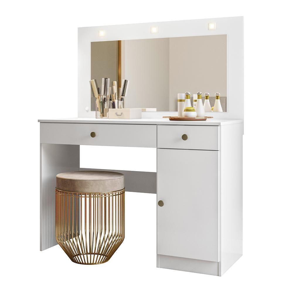 Penteadeira Camarim Bella Com 3 Gavetas E 1 Porta E Led Branco Branco - 1
