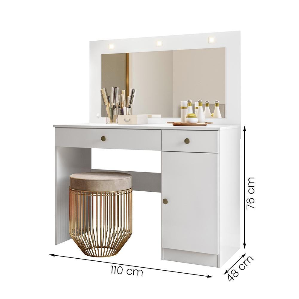 Penteadeira Camarim Bella Com 3 Gavetas E 1 Porta E Led Branco Branco - 2