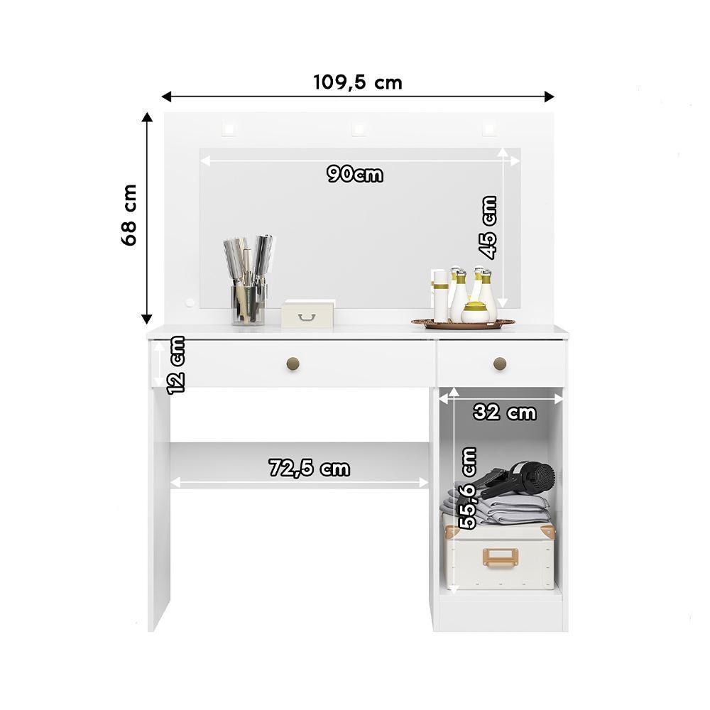 Penteadeira Camarim Bella Com 3 Gavetas E 1 Porta E Led Branco Branco - 3