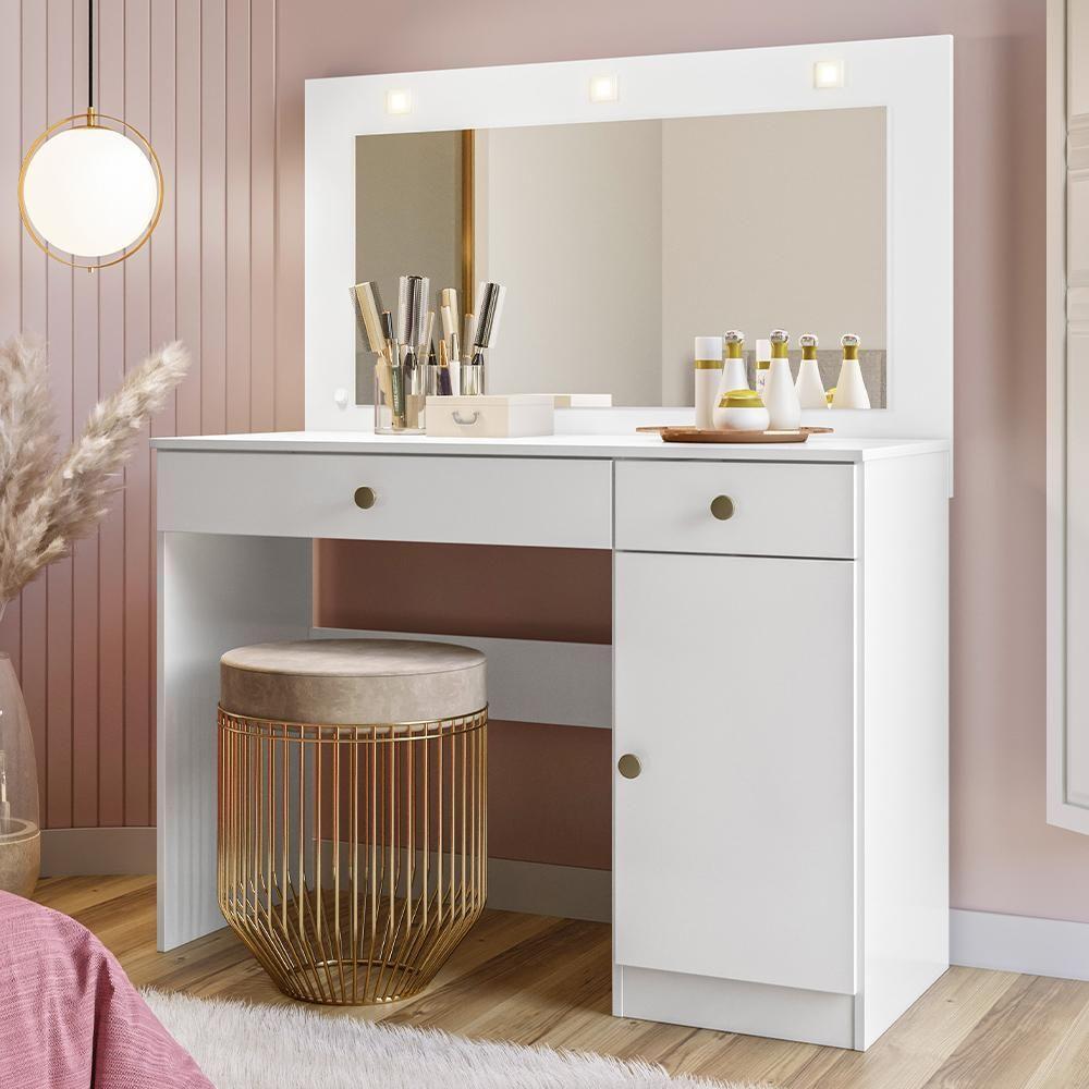 Penteadeira Camarim Bella Com 3 Gavetas E 1 Porta E Led Branco Branco - 4