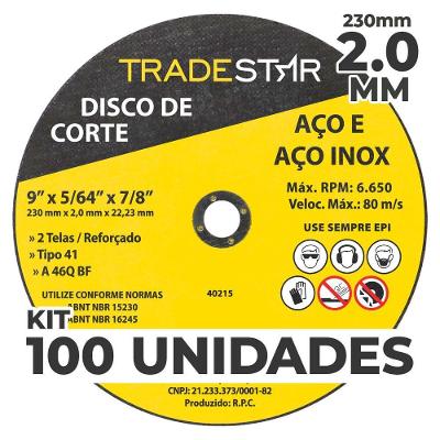 Kit C- 100 Disco De Corte Metal 9 230x2,0 Mm Furo 22-23 Mm