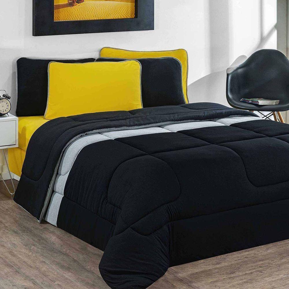 Edredom Malha 100% Algodão Urbano 1 Peça Solteiro - Preto-mescla-preto - 2