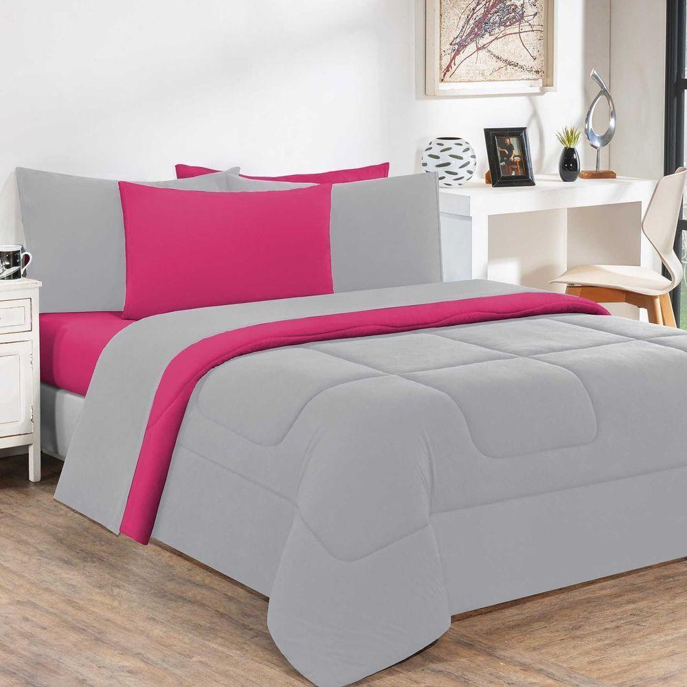 Kit Edredom Malha 100% Algodão Gran Moratta 3 Peças Casal - Cinza-pink. - 1