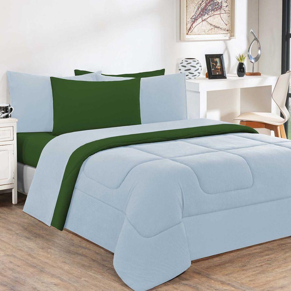 Edredom + Jogo De Lençol Malha 100% Algodão Gran Moratta 5 Peças Solteiro - Azul Bebê-verde Bandeira - 1