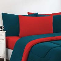 Kit Edredom + Jogo De Lençol Malha 100% Algodão Gran Moratta 4 Peças Solteiro - Azul Petróleo-vermelho. - 2