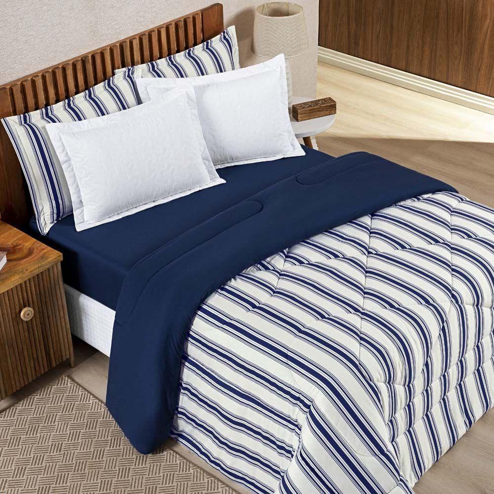 Edredom Cobertor Daily Super King Malha Listrado Dupla Face Fio Penteado - Azul Marinho - 1