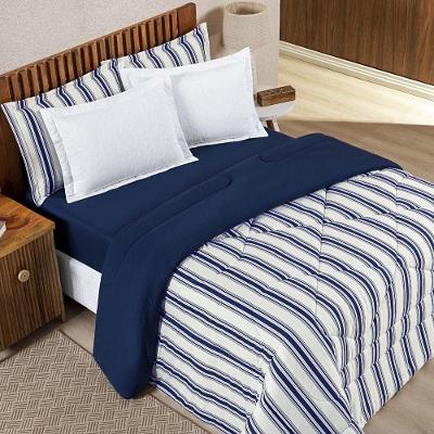 Edredom Cobertor Daily Super King Malha Listrado Dupla Face Fio Penteado - Azul Marinho