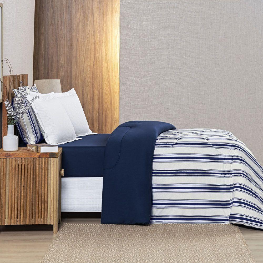 Edredom Cobertor Daily Queen Malha Listrado Dupla Face Fio Penteado - Azul Marinho - 2