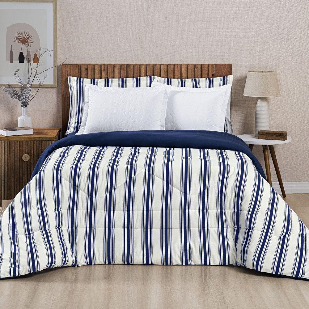 Edredom Cobertor Daily Queen Malha Listrado Dupla Face Fio Penteado - Azul Marinho - 3