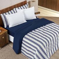 Edredom Cobertor Daily Queen Malha Listrado Dupla Face Fio Penteado - Azul Marinho - 1
