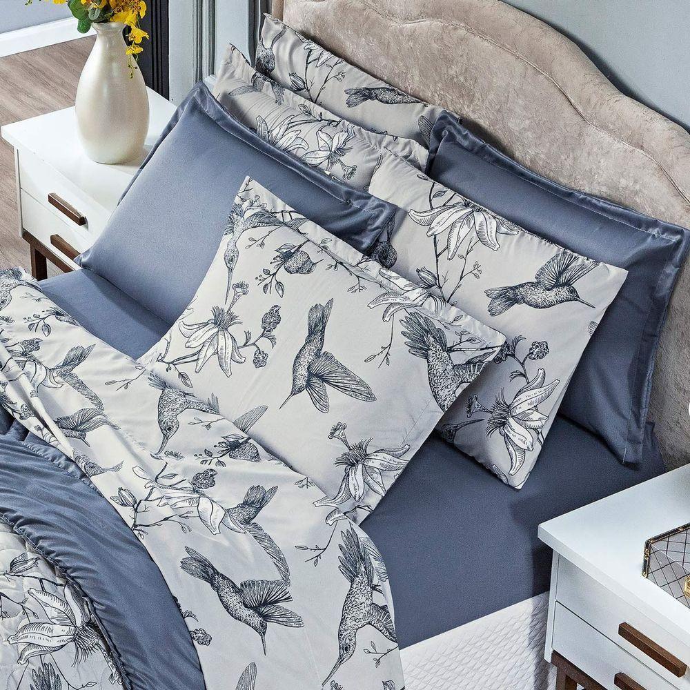 Edredom Beija-flor Azul-cinza Com Fronha Solteiro 02 Peças Dupla Face Estampado Percal 300 Fios Acetinado - 4