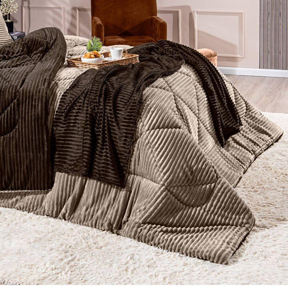 Coberdrom Canelado Dupla Face Denver Queen 03 Peças Manta Microfibra Canelada Caqui - 7