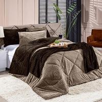 Coberdrom Canelado Dupla Face Denver Queen 03 Peças Manta Microfibra Canelada Caqui - 1