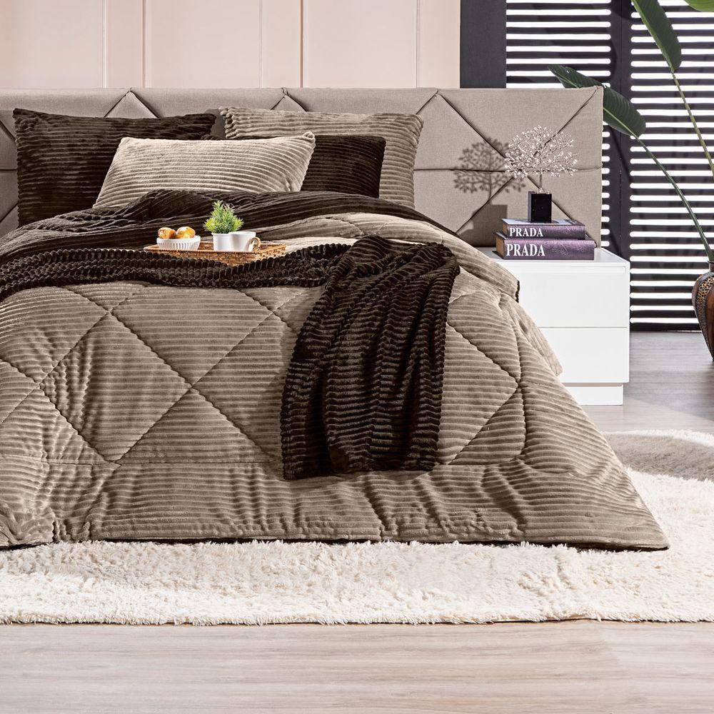 Coberdrom Canelado Dupla Face Denver Solteiro 02 Peças Manta Microfibra Canelada Caqui - 3