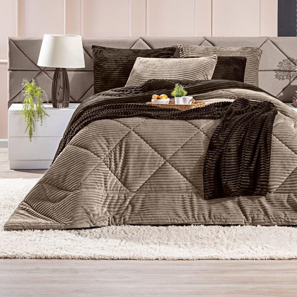 Coberdrom Canelado Dupla Face Denver Solteiro 02 Peças Manta Microfibra Canelada Caqui - 7