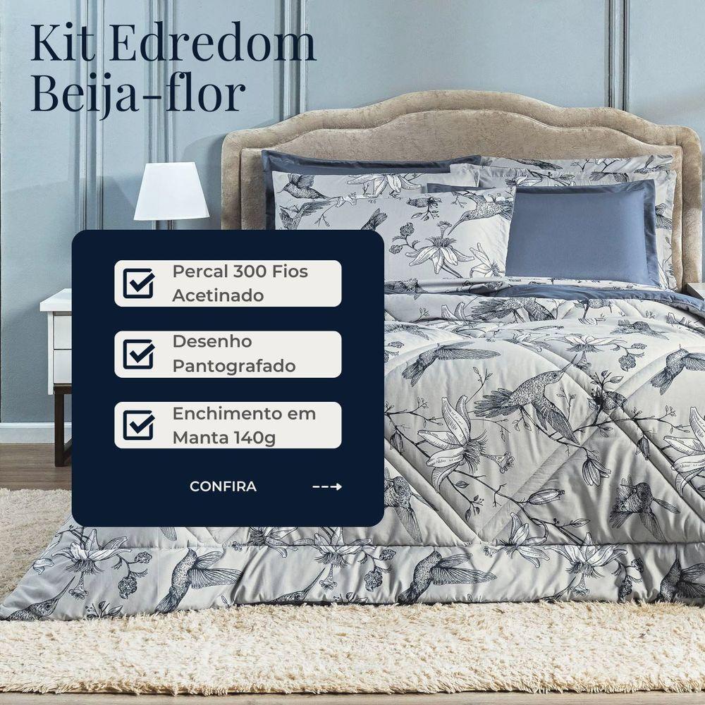 Edredom Beija-flor Azul-cinza Com Fronhas Queen 03 Peças Dupla Face Estampado Percal 300 Fios Acetinado - 2
