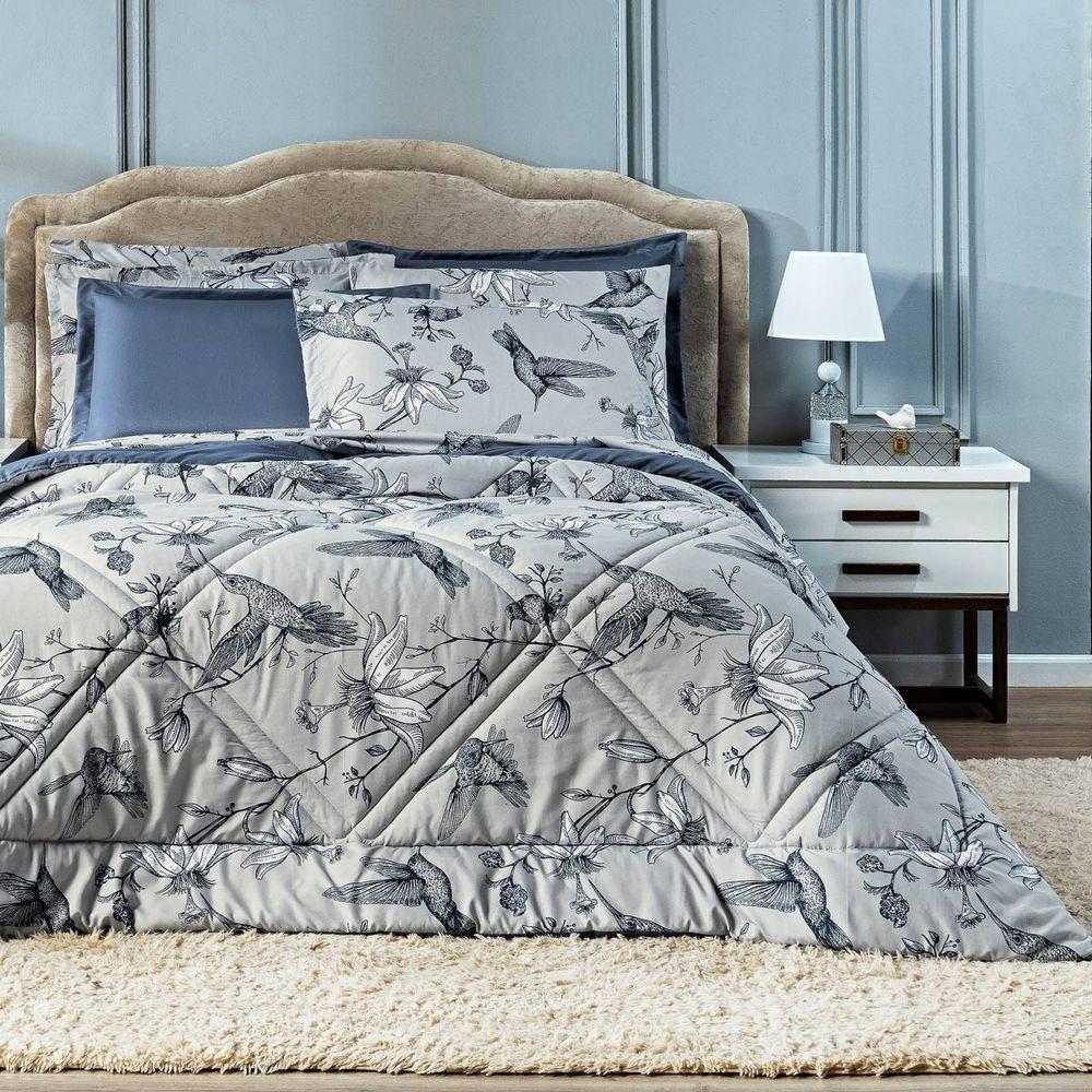 Edredom Beija-flor Azul-cinza Com Fronhas Queen 03 Peças Dupla Face Estampado Percal 300 Fios Acetinado - 5