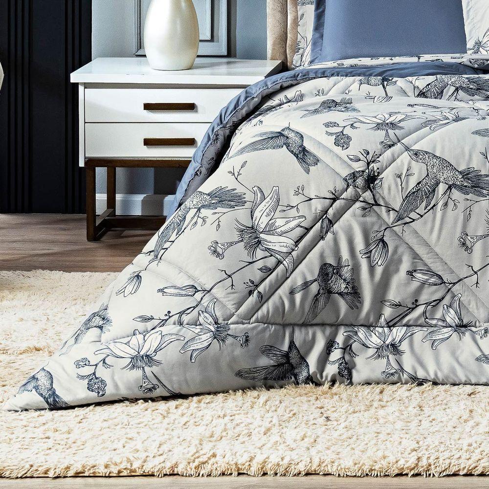 Edredom Beija-flor Azul-cinza Com Fronhas Casal Padrão 03 Peças Dupla Face Estampado Percal 300 Fios Acetinado - 3