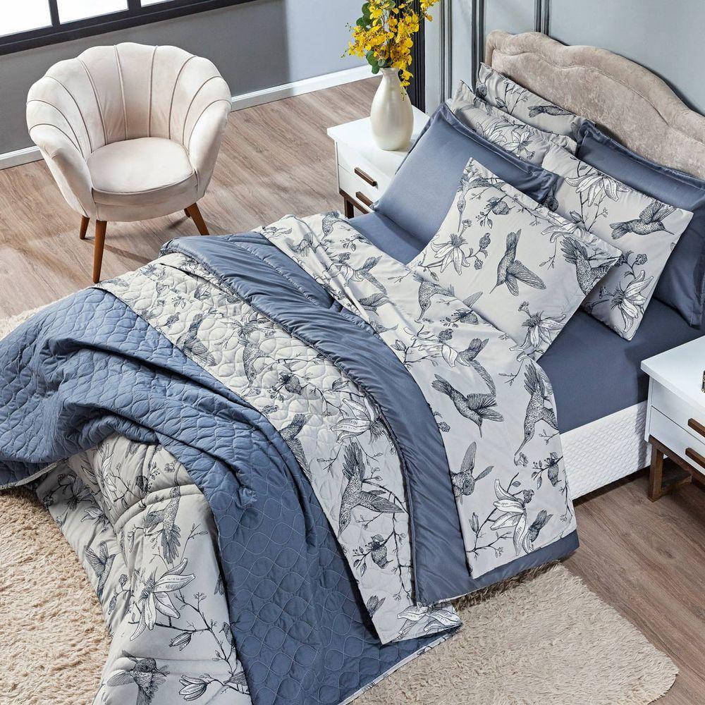 Edredom Beija-flor Azul-cinza Com Fronhas Casal Padrão 03 Peças Dupla Face Estampado Percal 300 Fios Acetinado - 6
