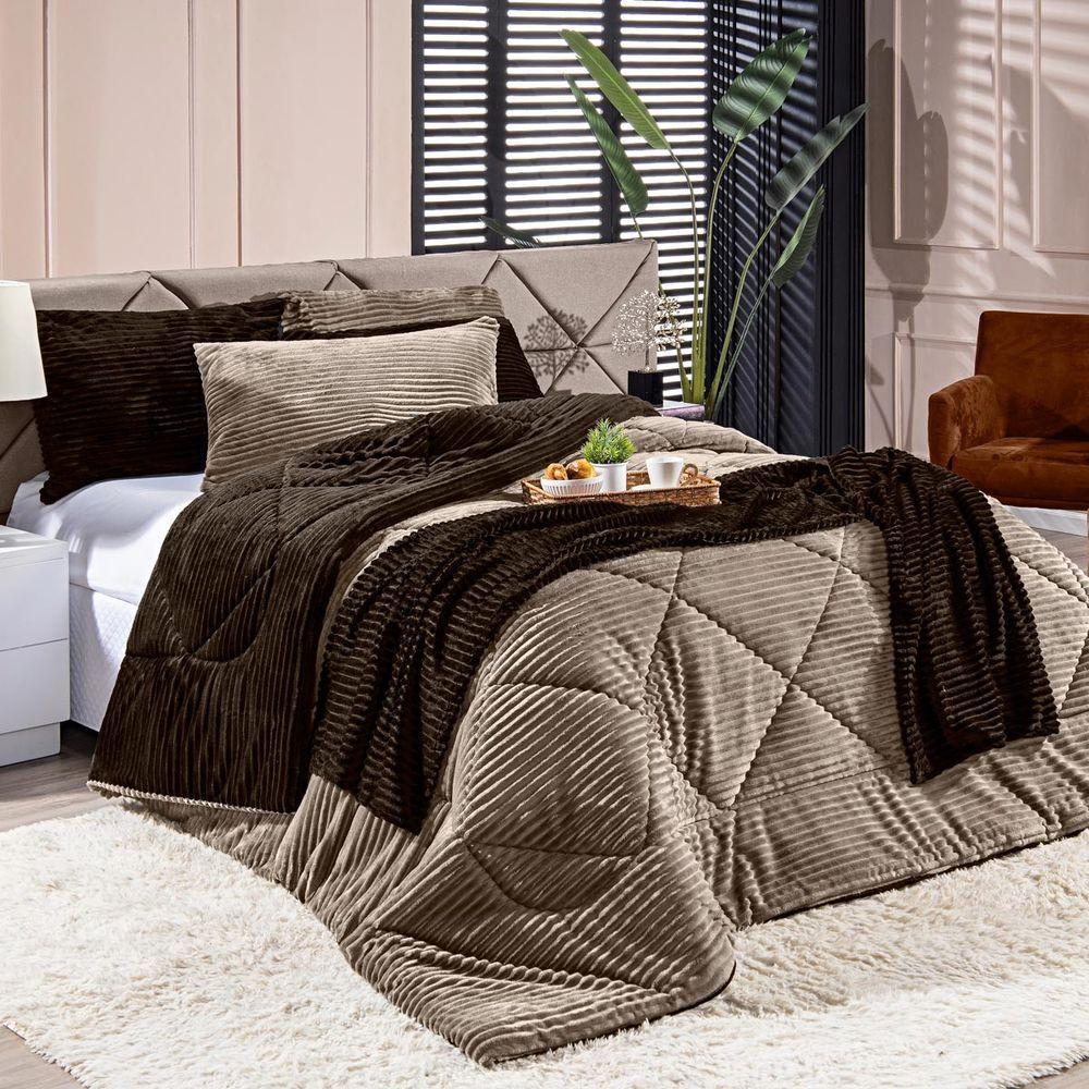 Coberdrom Canelado Dupla Face Denver King 03 Peças Manta Microfibra Canelada Caqui - 1