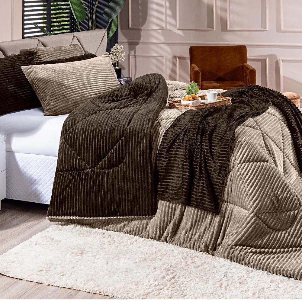 Coberdrom Canelado Dupla Face Denver King 03 Peças Manta Microfibra Canelada Caqui - 2