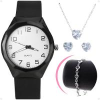 Caixa + Relogio Feminino Prova Dagua Aço Inox + Colar Brinco