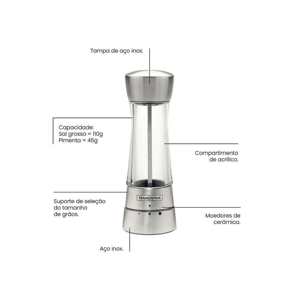 Moedor De Sal Ou Pimenta Tramontina Em Aço Inox E Acrílico Com Moinho Em Cerâmica - 3
