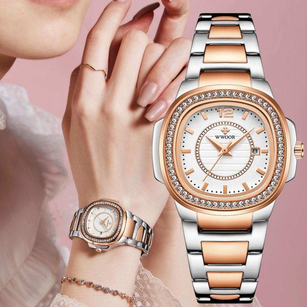 Relógio Feminino Quadrado Com Strass Pulseira Em Aço Inoxidavel Impermeavel Prata Rose - 2